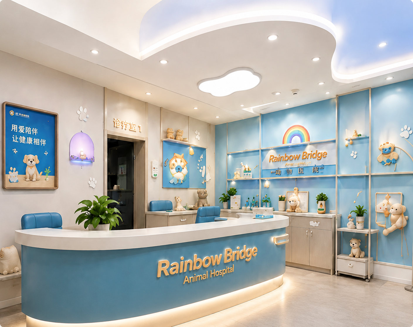 明亮整洁的宠物诊所接待区