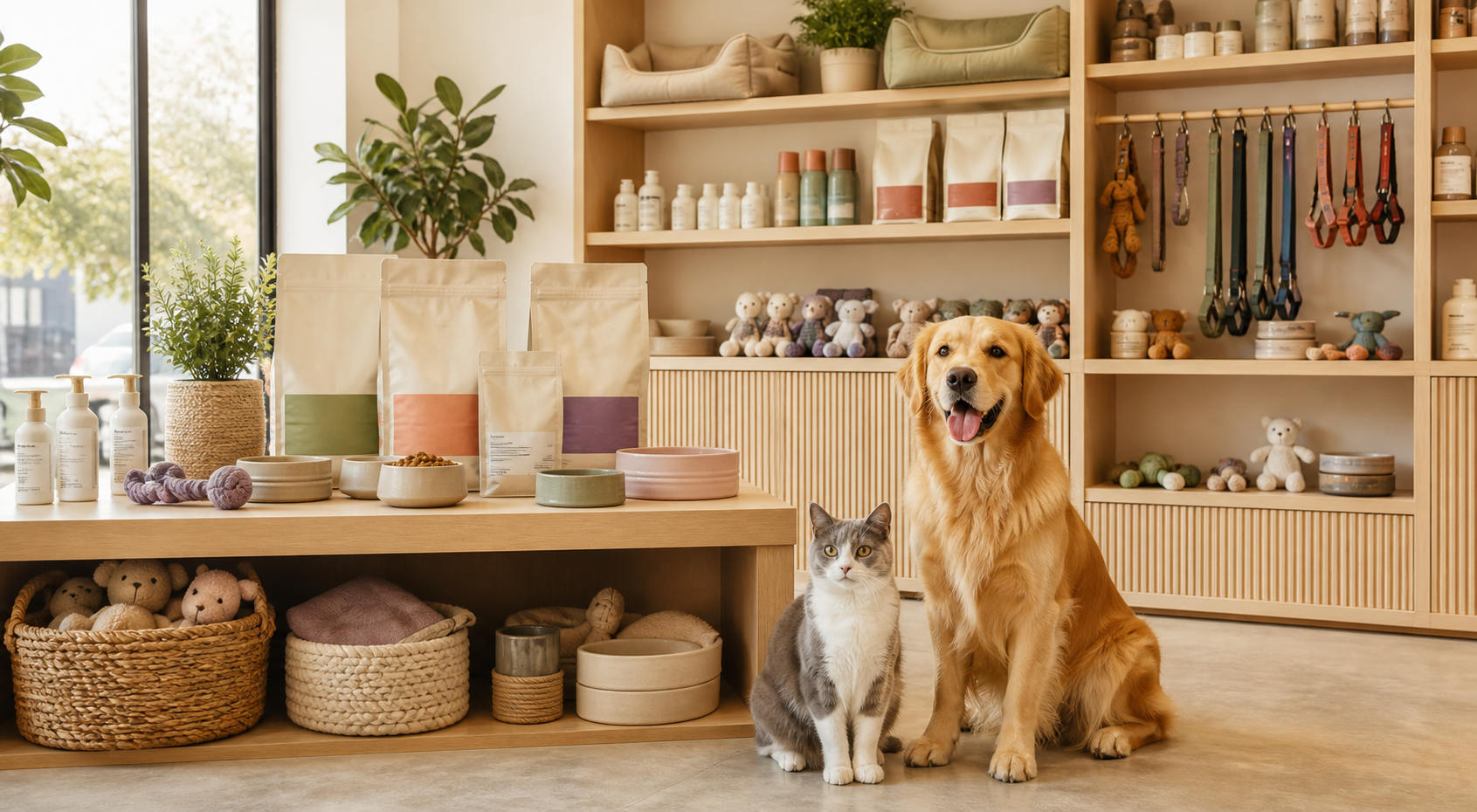 宠物用品店内的商品陈列与狗猫